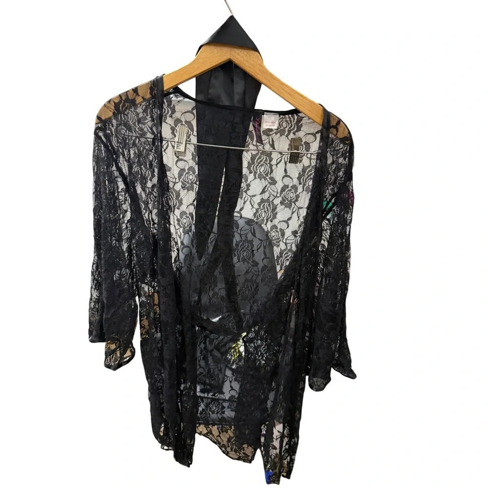 Dreamgirl Lace Robe Womens 3X/4X Black Excellent Sheer Floral Satin Tie 6096X - Picture 3 of 4